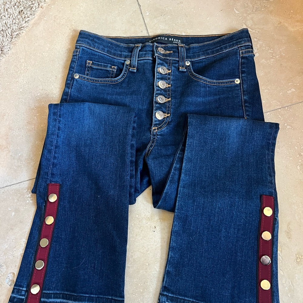 Veronica Beard Carolyn Baby Boot Side Vent
Button Hem Flare Jeans Dark Sea